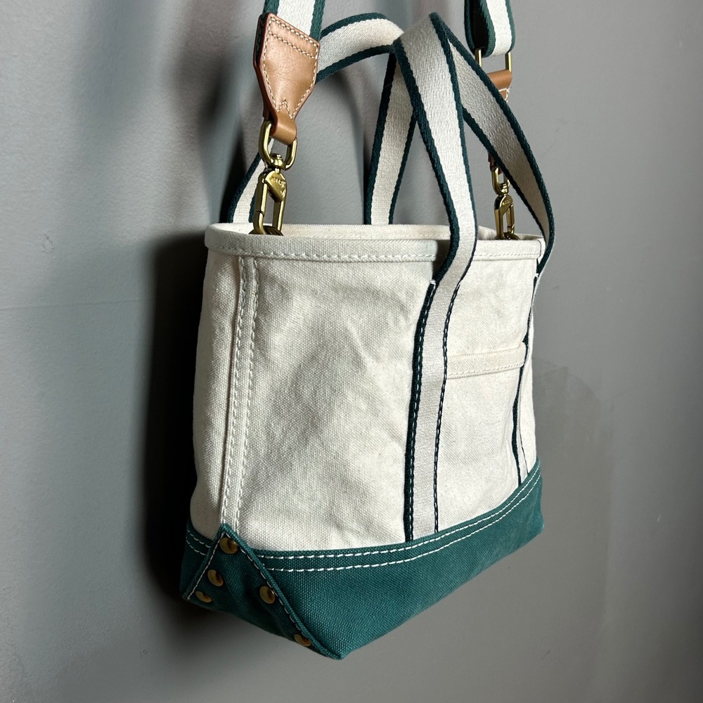 J.Crew Mini Montauk Tote Bag Green Natural Canvas Crossbody Preppy New England - Picture 3 of 14